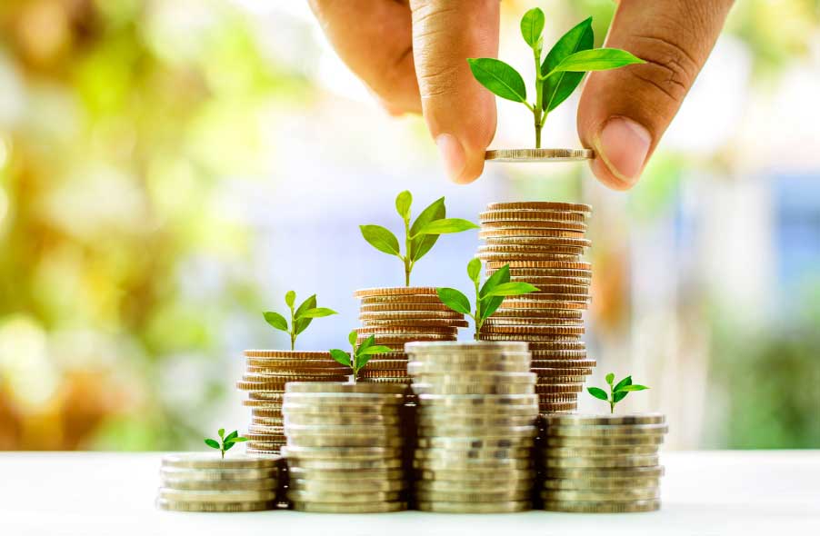 stack of gold coins with growing plants on top